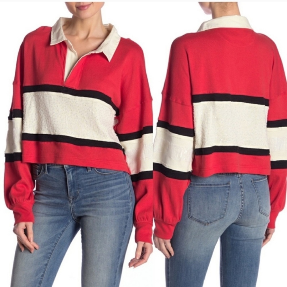 Free People Party Polo Sequin Cropped Sweatshirt